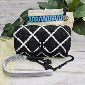 Tory Burch nwt Willa Black White Tweed Crossbody bag purse Chain Strap with leat